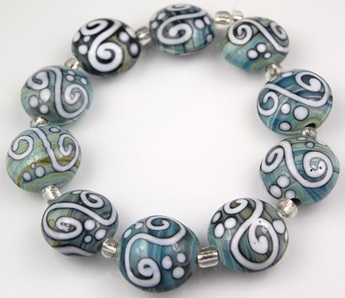 HANDMADE LAMPWORK BEADS Aqua Cream White Swirl Lentil  